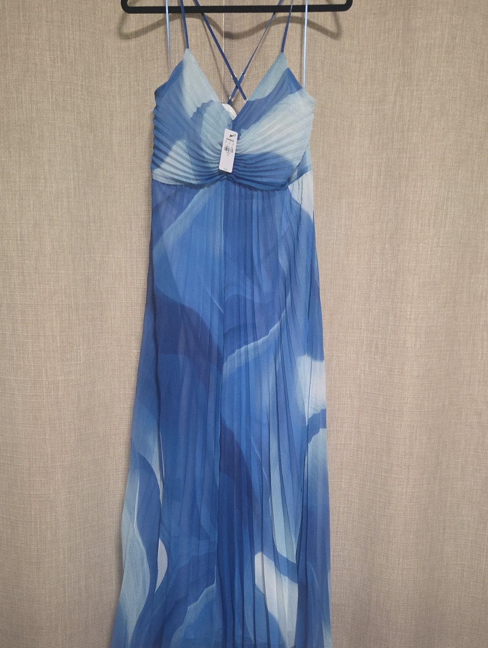 Express Blue Pleated V-Neck Maxi Dress with Crisscross Straps
